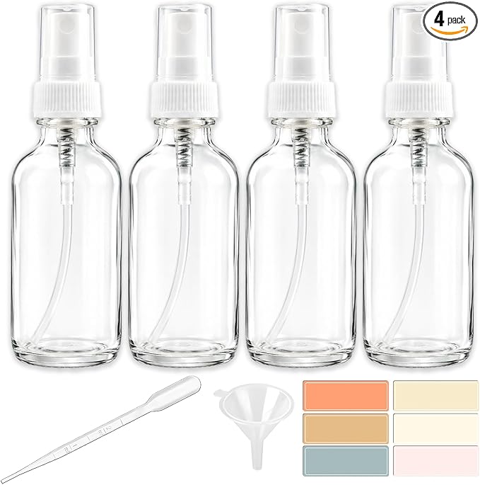 4 Pack 2oz Clear Glass Spray Bottles, Fine Mist Refillable Atomizer for Essential Oils, Perfume, Hair, Face & Travel | Leak-Proof Mini Empty Spritzer Bottles with Labels, Funnel & Pipette (60ml)