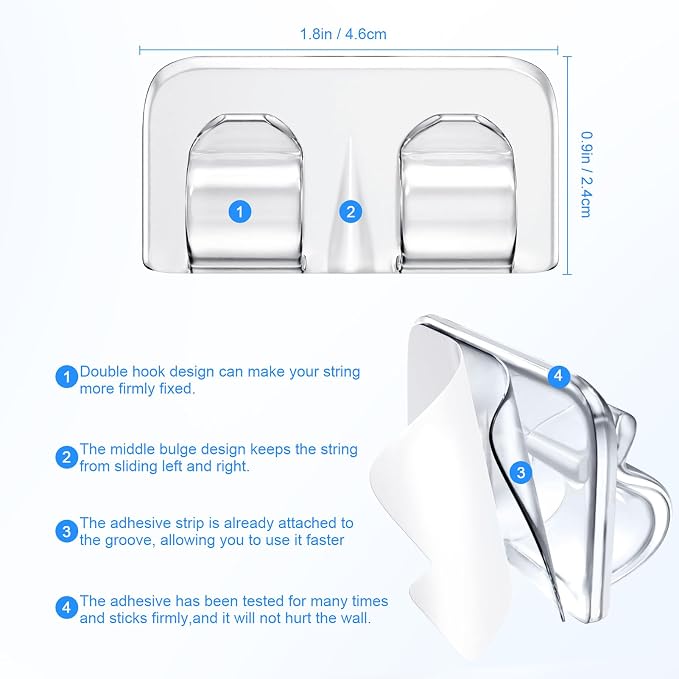 Hetyue Hooks for Outdoor String Lights Clips: 40Pcs Heavy Duty Light Hook | Outside Clear Cord Holders with Waterproof Adhesive Strips - Sticky Clip for Hanging Christmas Lighting Outdoors