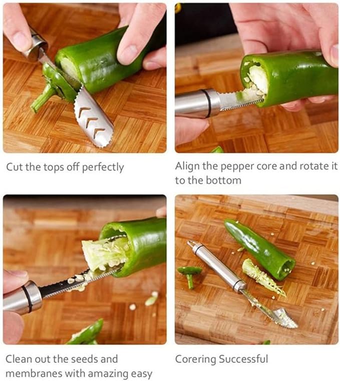 Pepper Seed Corer Remover with Cleaning Cloth, 304 Stainless Steel Fruit Seed Remover with Serrated Teeth, Jalapeno Pepper Corer Tool Chili Deseeder, Essential Kitchen Gadgets (1pcs)
