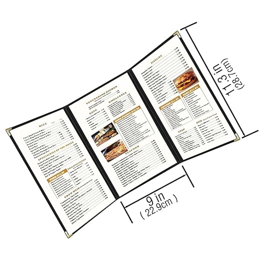 Goodsmart Restaurant Menu Covers – 25 Pack Black 6-View Trifold 8.5" x 14", Side-Loading Vinyl & Plastic Menu Holders, Clear Menu Sleeves, Leather-Style Café Covers with Gold Corners