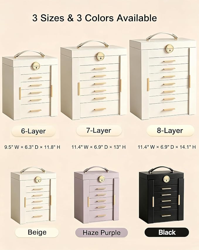 Lolalet Large Jewelry Box Organizer for Women, 8-Layer Jewelry Organizers and Storage Case with Mirror & 7 Drawers, Lockable Watch Ring Earring Bracelet Necklace Holder Girls Gift -8Layer, Beige