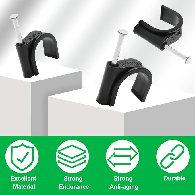 Half Clamp J-Hook with Nail, 3/4" / 20mm, Black, 50pcs | Cable Clips, Ethernet Cable Nails Tacks Clips, Nail in Design