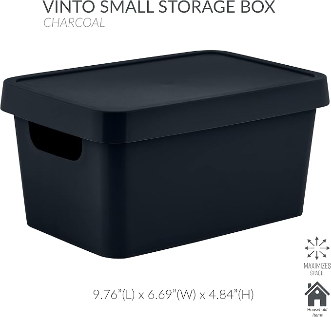 Simplify Small Vinto Storage Box | Click Tight Lid | Dimensions: 9.76" x 6.69" x 4.84" | Stackable | Home Organization | 2 Handles | Black (Pack of 2)