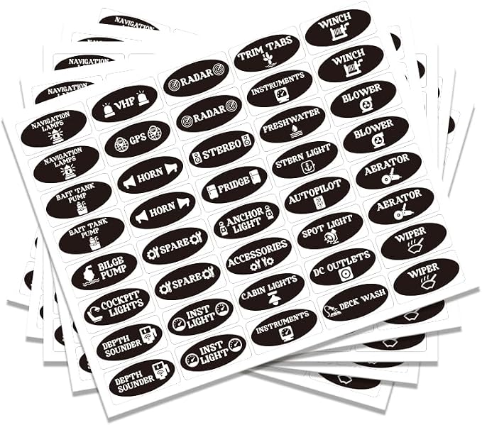 200 Pcs Boat Switch Panel Labels, Oval Marine Boat Dash Board Switch Instrument Panel Decal Sticker Universal Waterproof Switch Panel Labels Decal for Dashboard, Boats, RVs, Caravans