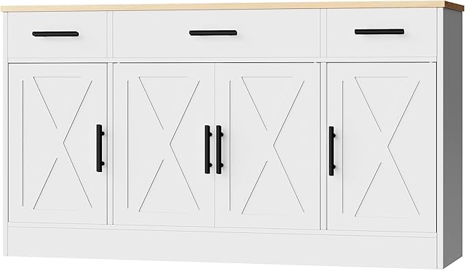 Shintenchi Buffet Cabinet with Storage,53.4" Large Kitchen Storage Cabinet with 3 Drawers and 4 Doors,Wood Farmhouse Buffet Sideboard with Adjustable Shelf for Kitchen Living Room, White
