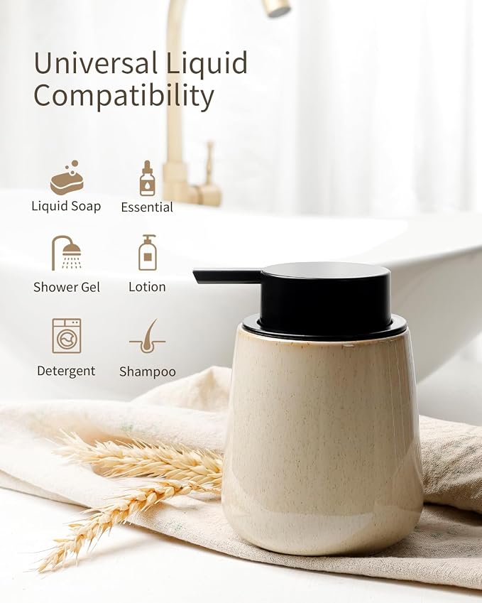 Bosilunlife 12Oz Ceramic Foam Soap Dispenser for Bathroom Kitchen Counter | Premium countertop foam pump creates delicate dense foam, stable desktop placement, Greige with Speckle