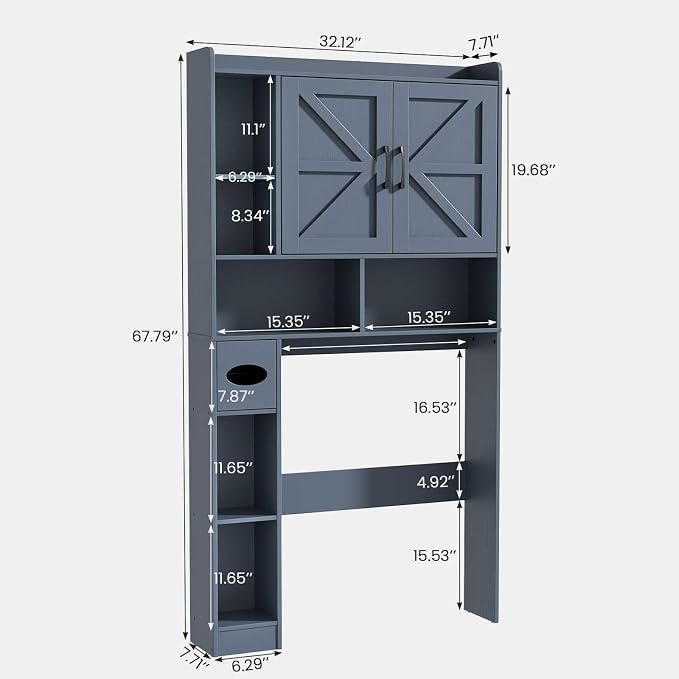 Vabches Over The Toilet Storage Cabinet with 2 Barn Doors, Blue | Farmhouse Storage Cabinet with Toilet Paper Holder Stand，Home Space-Saving Toilet Rack, for Bathroom, Restroom, Laundry