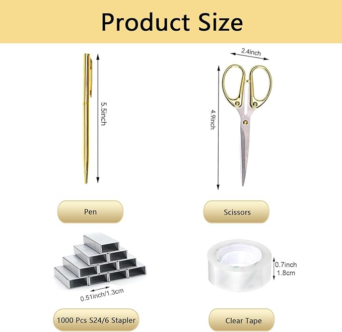 suniya Office Supplies,Desk Accessories,with Stapler,Tape Dispenser,Staple Remover,Scissor,Ballpoint Pen,Clear Tape,Staples,Binder,Best Gift Set(Gold)