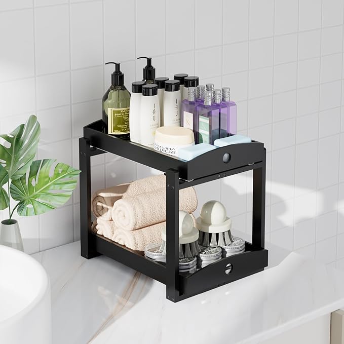 2 Pack Under Sink Organizer, Bamboo Wooden 2-Tier Pull-Out Storage with Sliding Drawers for Kitchen and Bathroom Cabinets, Easy Installation (Black)