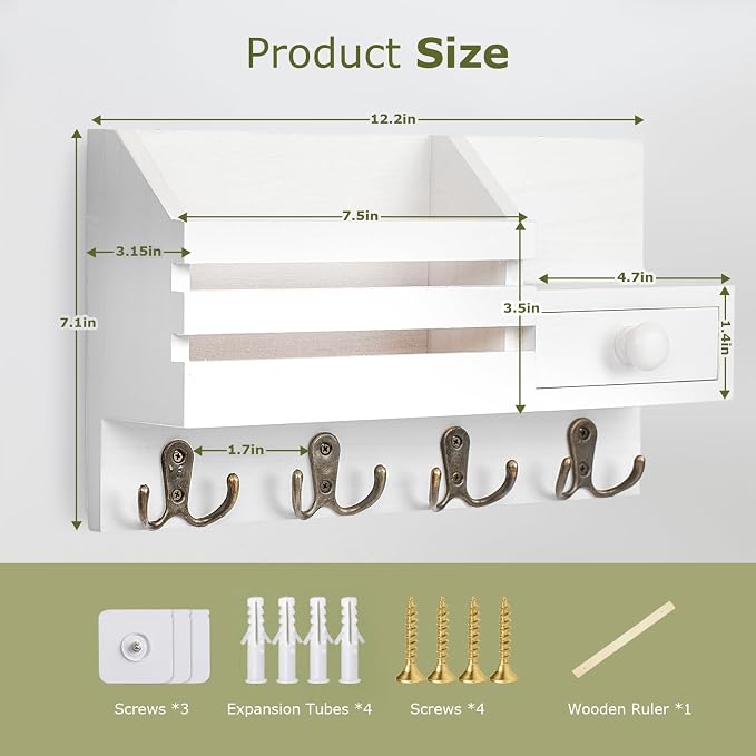 Key Holder Wall Mount, Wooden Adhesive Mail and Key Organizer with Drawer, Small Shelf, 8 Hooks, 2 Installation Methods, White