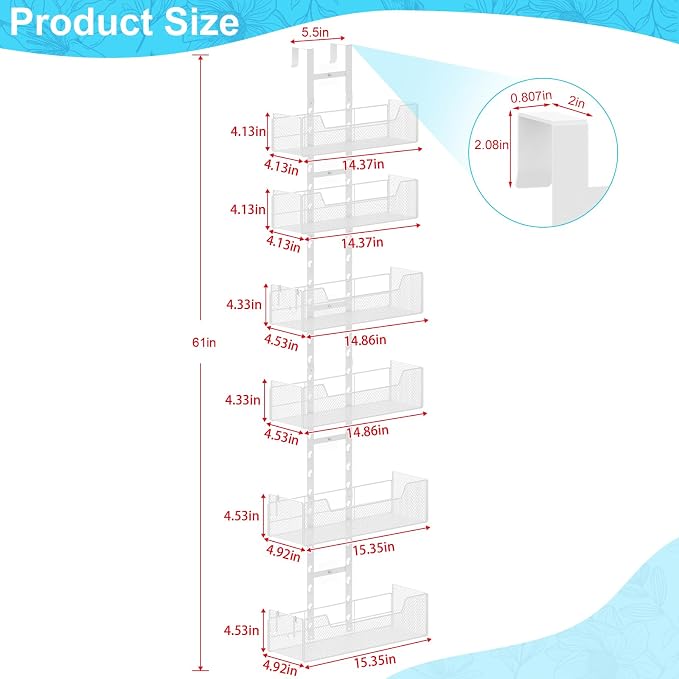 Hongtamoya Adjustable Over The Door Organizer, Metal Hanging Door Organizer with 6 Baskets and 5 Hooks, Behind The Door Storage for Closet Pantry Cabinet Kitchen Bathroom, White