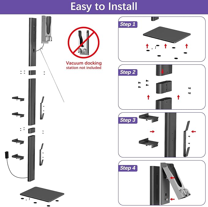 XIGOO Dyson Vacuum Stand with 4 Hooks 4 Shelves, Black | Compatible with V15 Detect V11 V10 V8 V7 V6 Cordless Vacuum Cleaners & Accessories, Stable Metal Bracket Organizer Rack