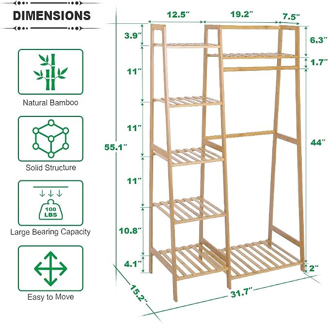 Ufine Bamboo Garment Rack with 7-Tier Storage Shelves & Hanging Rod | Portable Clothes Hanging Rack Minimalism Wardrobe Closet Organizer for Living Room