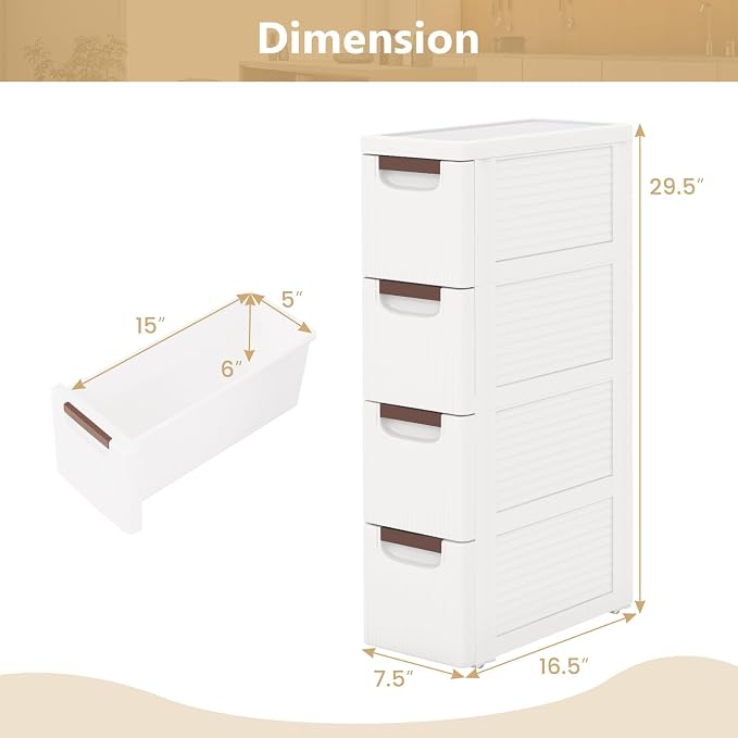 LOKO 4-Drawer Narrow Storage Cabinet, Slim Rolling Cart (7.5"x16.5"x29.5") | Mobile Plastic Cart Container | Pull Handles & Built-in Wheels | For Living Room, Kitchen, Bathroom, Office