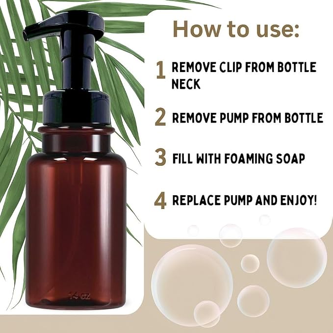 14 oz Plastic Foaming Soap Bottle Dispensers (2 Amber/Black) | wide opening, easy refills, for foam soap, refillable, reusable, set of 2, thick plastic