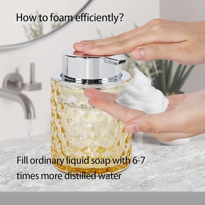 10 Oz Glass Hand Soap Dispenser with Pump, Refillable Bathroom Gold Foaming Soap Dispenser, Vintage Glass Diamond Lotion Container Bottle for Bathroom and Kitchen (1, Amber and Silver)