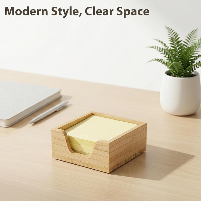 Bamboo Sticky Note Holder for 3 x 3 Notes, Sticky Note Dispenser for Desk, Modern Post It Note Holder, Office Desk Organizer Accessories for Workspace