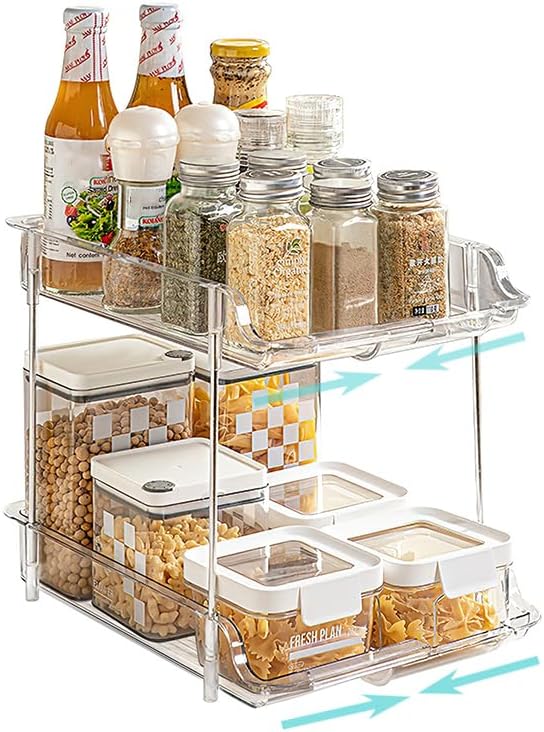 Expandable Cabinet Organizer Shelf, 2-Tier kitchen Counter Organization Shelves, Spice Rack,Clear Plastic Countertop Storage Rack for Makeup, Pantry, Cupboard, Bathroom, Desk Organization
