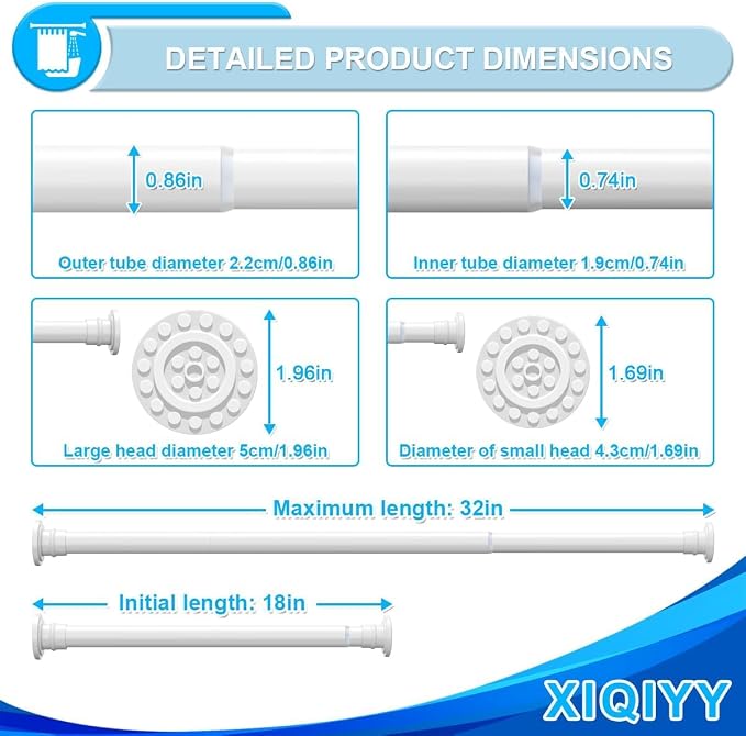 Small Tension Rod 18-32 Inch White Spring Shower Curtain Rod Adjustable Tension Curtain Rod No Drilling Heavy Duty Short Shower Rod,Non Slip,Stainless Steel