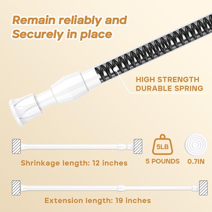 Spring Tension Curtain Rods 12–19 Inch White 2 Pack | No-drill & tool-free setup. Fits windows, kitchens, doorways. Rust-resistant, great for light curtains.