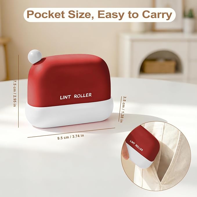 Disposable Mini Lint Roller with 4 Refills, ChristmasRed | Portable, Easy Tear Residue-Free, Pocket-Sized for Travel Clothes, Furniture, Carpets, Pet Hair Remover, Fits in Wallet Bag