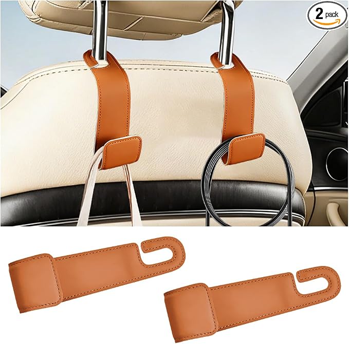 Osilly 2PCS Car Seat Headrest Hook, Leather Stylish Vehicle Backseat Hanger Organizer for Purse Handbag Umbrella, Automotive Seat Back Hanging Storage Holder Hook, Universal for Vehicles (Orange)
