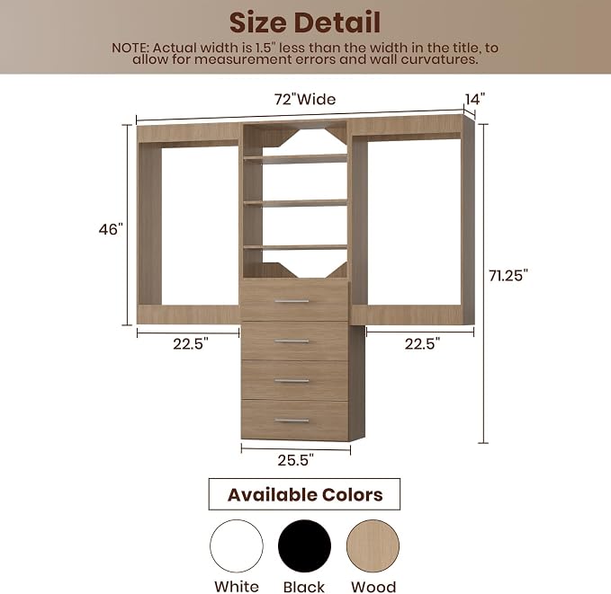 ROOMTEC Modular Closet System, 72" Wall-Mounted Closet Organizer with Drawers and Hanging Rods, Wooden Tower for Walk-In Closets, Wardrobe Storage Kit, Wood