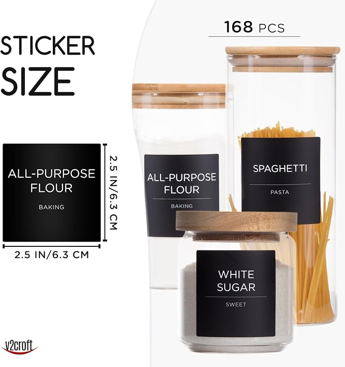 168 Pantry Labels for Food Containers, Minimalist Black Matte Stickers White Fine Line Text,Preprinted Waterproof Label for Glass Jars, Bottles & Canisters,Pantry Organization Storage