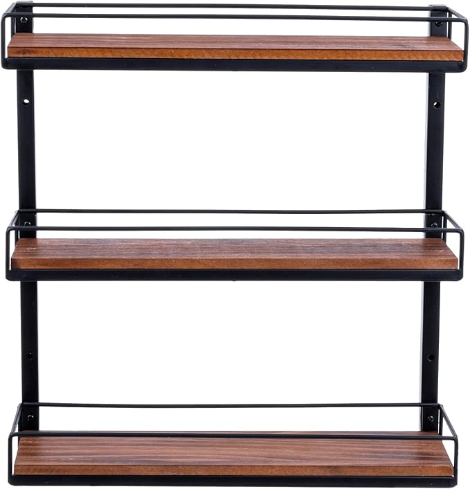 MyGift 3 Tier Wall Mounted Spice Rack, Black Metal and Burnt Solid Wood Kitchen Hanging Seasoning Shaker Spice Jar Condiment Bottle Shelf Pantry Organizer