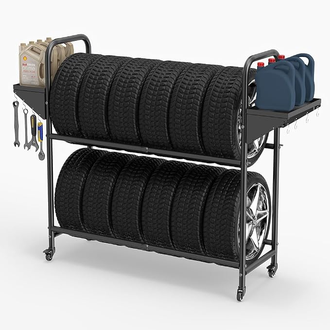 Hershii Rolling Tire Storage Rack, Tire Rack with Wheel,Tire Rack Storage | Adjustable - Black Steel Pipe and ABS, 24.80-42.51'' X 15.35'' X 44.09'' with 8 S Hooks and 2 Storage Shelves for Garage