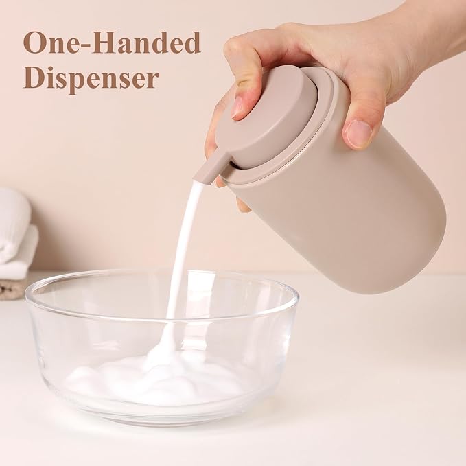 BosilunLife Foaming Soap Dispenser Set - Khaki Ceramic Foam Hand Dispenser 12oz Soap Dispenser Set with Rust Proof Pump, 4Pcs Clear Stickers for Kitchen, Bathroom - 2 Pack