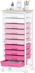 SYKIARIOL Rolling Cart with Drawers,10 Drawer Rolling Cart,Storage Cart,Utility Cart,Teacher Cart for Classroom Storage,Craft Cart with Wheels and Wooden Tabletop,Pink