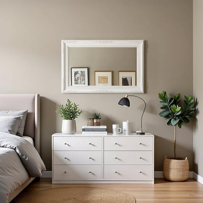 Furnifact White 6 Drawer Double Dresser – Modern Bedroom Storage Organizer with Pewter Knobs, Smooth Glide Drawers, Scandinavian Style, Engineered Wood
