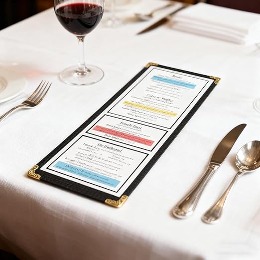 Goodsmart Restaurant Menu Covers - 25 Pack Black 1-Page/2-View 4.25" x 14", Top-Loading Vinyl Menu Holders with Clear Sleeves, Double-Stitched Edge, Leather-Style Café Covers with Gold Corners