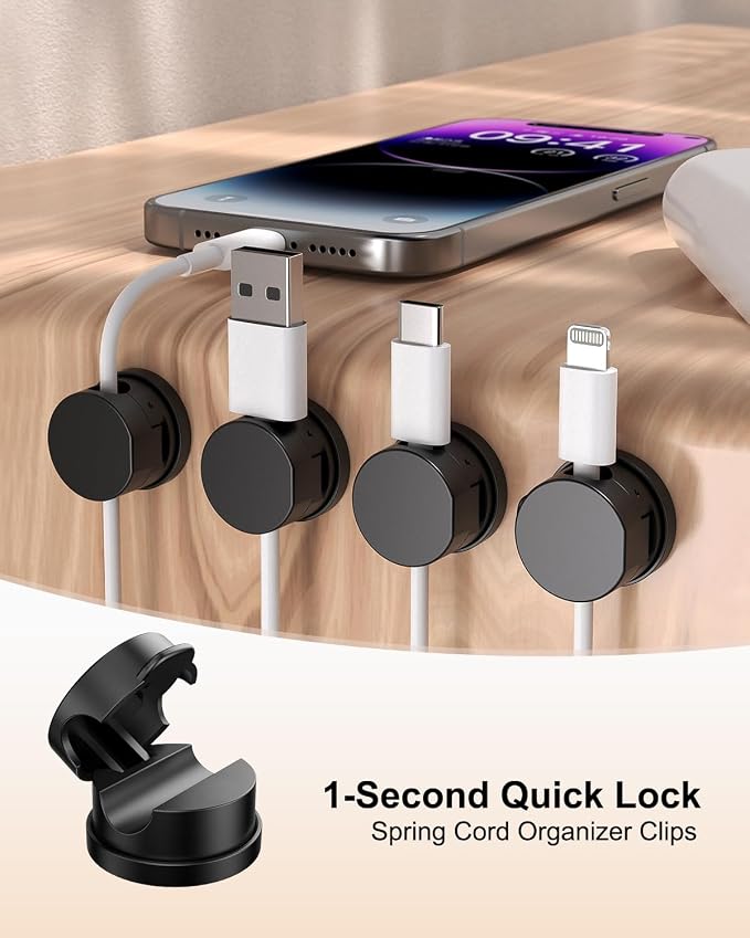 OneLeaf 12 Pack 360° Rotatable Spring Cable Clips[1s Lock], Adhesive Cord Holder for Nightstand, Phone Charger Cord Holder for Desk Home Office Car Game Station