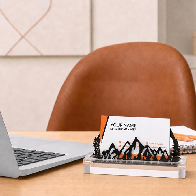 CroBlissful 2 Pcs Mountain Business Card Holders for Desk, Acrylic & Metal Black Mountain Range Forest Silhouette Business Card Display Stand for Home Office
