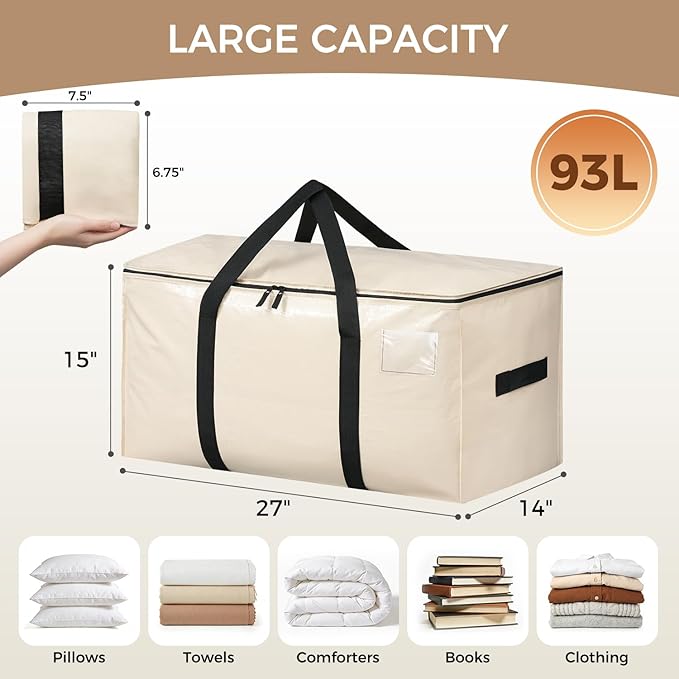 BAGAIL Heavy Duty Moving Bags with Strong Handle, Extra Large Moving Boxes, Storage Tote for Clothes, College Moving Supplies(Beige, 6 Pack)