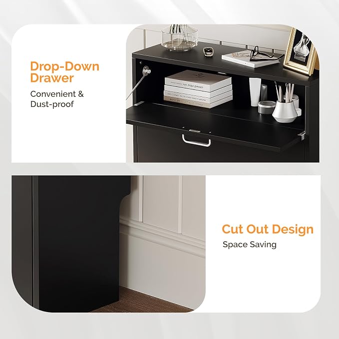 VINGLI Shoe Cabinet Storage for Entryway with 2 Flip &1Drop-Down Drawers | 24.8" W Narrow Slim,Modern Black Color,Holds 8–12 Pairs of Shoes,Smart Baseboard Cut-Out Design,9.45" Depth