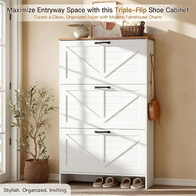 Nicetree Shoe Storage Cabinet for Entryway, Freestanding Fluted Accent Ultra Slim Shoe Cabinet with 3 Flip Drawers, Farmhouse Shoe Rack with 3-Tier Adjustable Shelves for Hallway Foyer Rustic-White