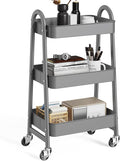 OLIXIS Metal Utility Cart, Mobile Rolling Storage Shelf with Lockable Caster Wheels, Organization for Livingroom, Bathroom & Narrow Places, 3 Tiers Gray