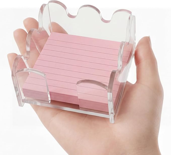 Scalloped Acrylic Sticky Note Holder 3x3 Inch, Cute Wave Design Note Dispenser Clear Thick Desktop Memo Pad Organizer for Aesthetic Dorm Room, Home Office, Teacher Desk Decor Supplies