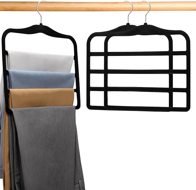 2-Pack Velvet Pants Hangers - Space Saving Multi-Layer Non-Slip Closet Organizers for Jeans, Trousers & Scarves - Ideal Dorm Room Storage Solution for Small Spaces
