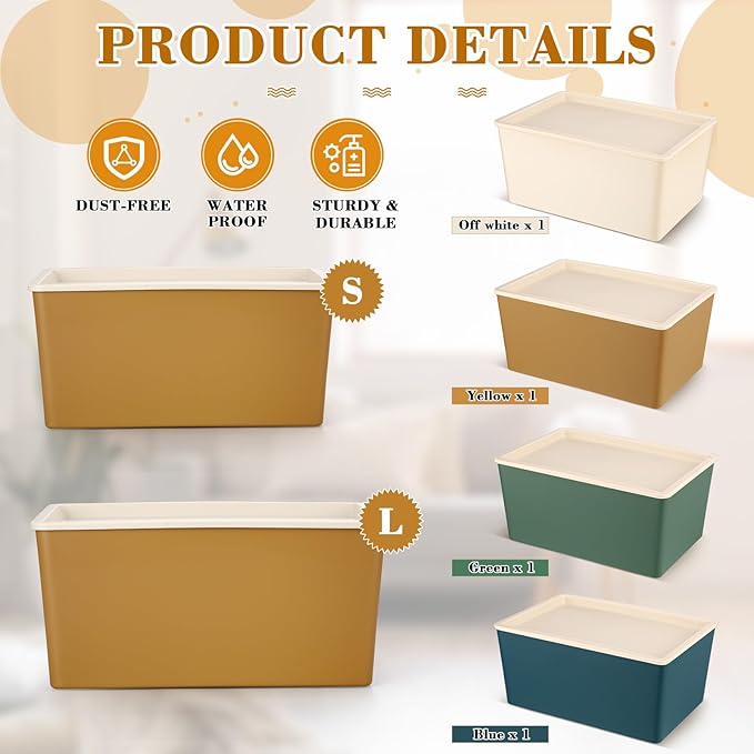 Menkxi 4 Pcs Storage Bins with Lids Plastic Stackable Containers for Organizing Shelves Christmas Ornament Box Baskets(Mixed Color,Large)