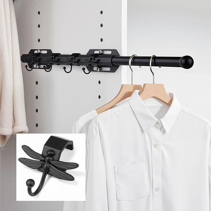 12" Valet Rod for Closet Pull Out with 4 Dragonfly-shaped Hooks, Black