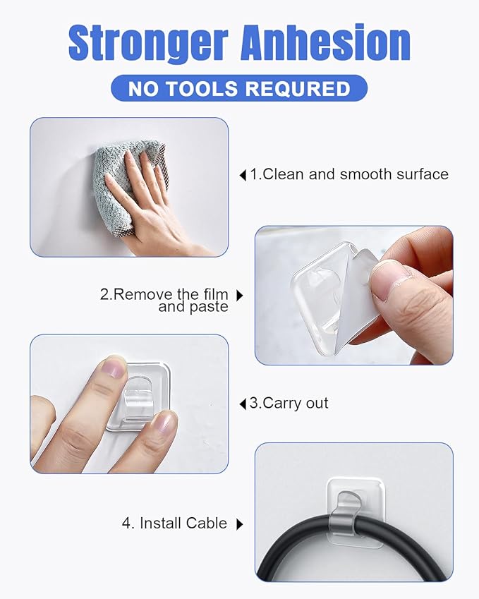 LZC Hooks for Outdoor String Lights Clips: 50 Pack Square Clear Large Heavy Duty Light Hook Waterproof Adhesive Strips - Outside Hanging Rope Light Cable Cord Holders Organizer