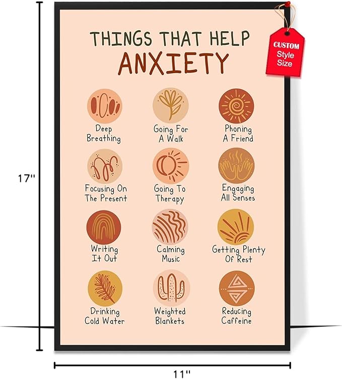 LOLUIS Mental Health Poster, Boho Therapy Tools Educational Supplies Art Print Classroom School Office Decor (Help Anxiety, Custom Frame Type)