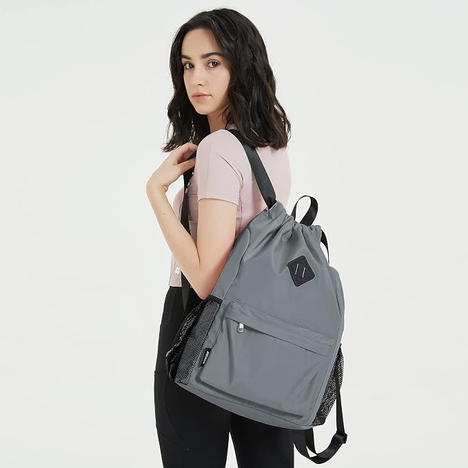 WANDF Drawstring Backpack with Shoe Compartment, Sports Gym Bag | Multi-Pocket Storage, Water-Resistant Fabric, Cinch String Bag
