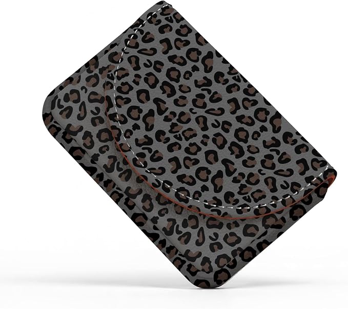 Business Card Holder，PU Leather Business Card Case Purse Gray Leopard Print | Pocket Travel Name Card Case for Men and Women Gift，Portable Magnetic Business Card Carrier for Purse