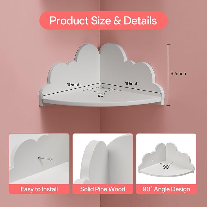 Cloud Corner Floating Shelves Set 3 Wall Mounted for Kid's Room | White Corner Wall Shelf Floating Wooden Wall Mounted Shelves Clouds Dispaly Shelf for Kid’s Room,Toys, Plants & Storage