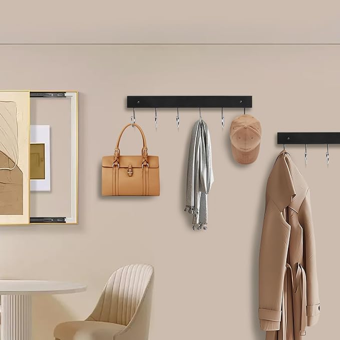 2 Pack Coat Rack Wall Mount with 12 Rotating 180° Coat Hooks, 14.6" Rustproof Wooden Entryway Organizer, Wall Hooks for Hanging Coats, Purse, Hats, Jackets, Towels, Space Saving Hanger (Black)